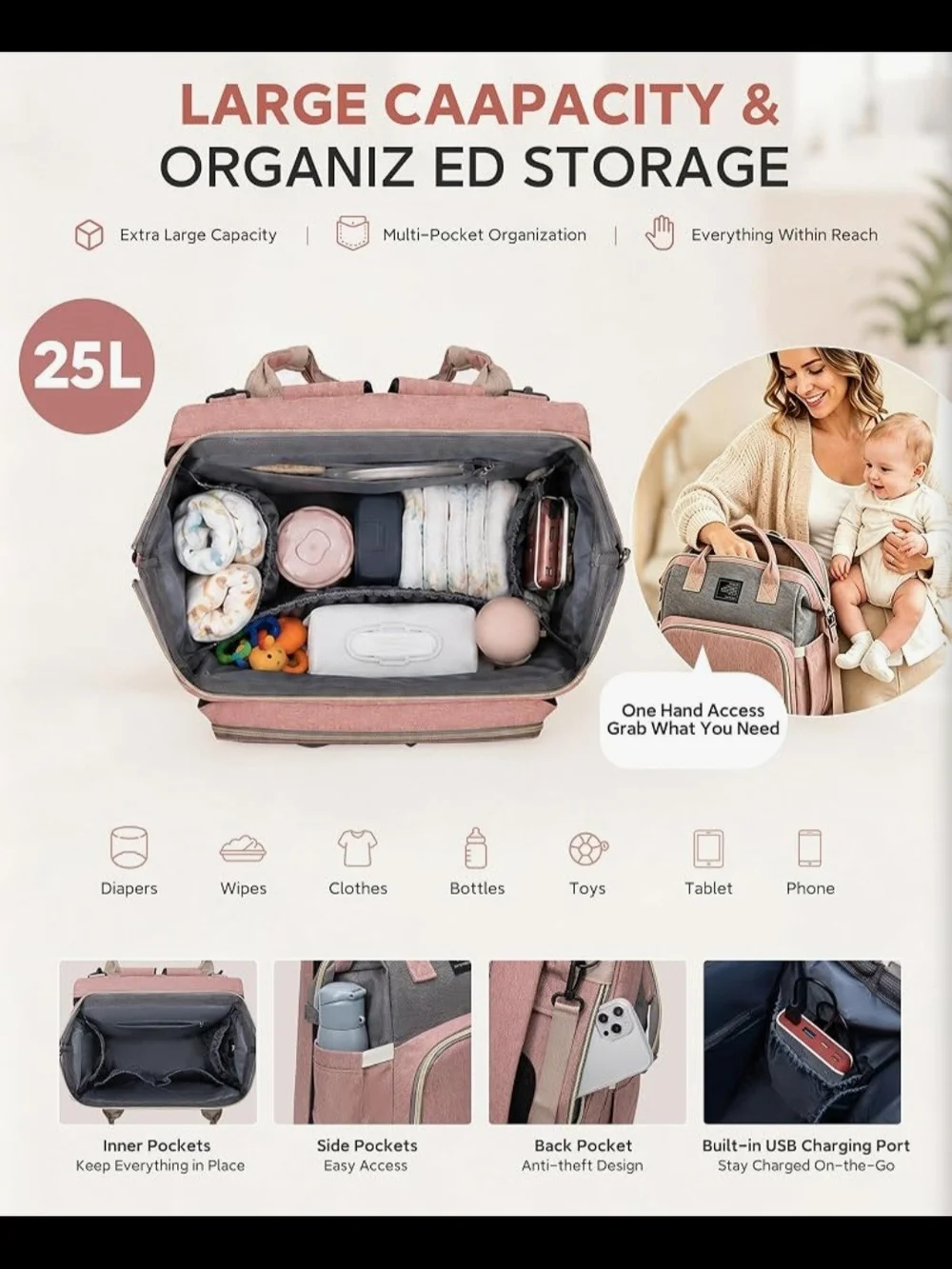 4-in-1 Rose Pink Diaper Bag with Portable Baby Bed